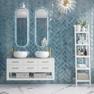 Metro Blue Porcelain Tiles in High Gloss for Bathroom Wall Tile 10x30cm