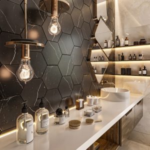 Black hexagon tiles bathroom wall and floor tiles