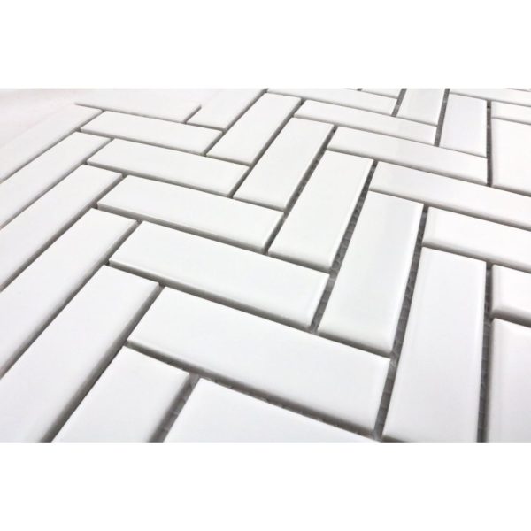 Mosaic White Porcelain Tile Herringbone in Satin 28x31cm