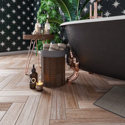 light oakwood effect tiles in bathroom