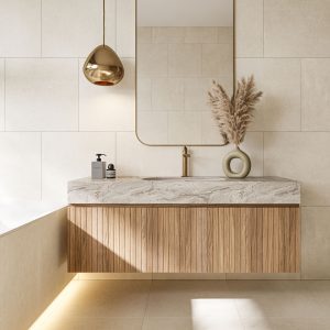 light beige stone effect tiles in bathroom
