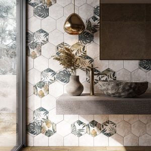hexagon floral tiles bathroom feature tiles