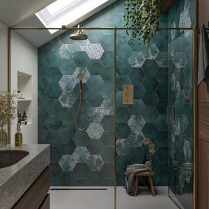 green hexagon tiles floor wall bathroom tiles