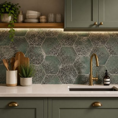 green hexagon wall tiles splashback in kitchen