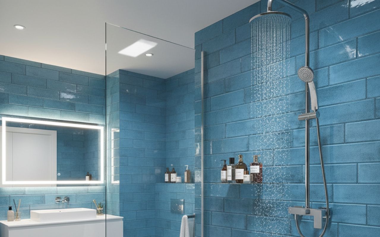 blue metro tiles in bathroom