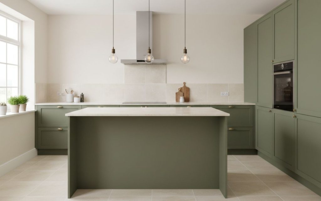 beige tiles in green kitchen