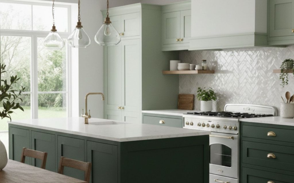 white tiles in green kitchen