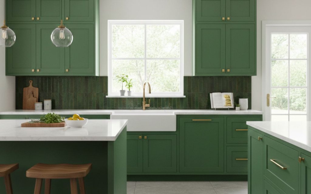 green tiles in green kitchen