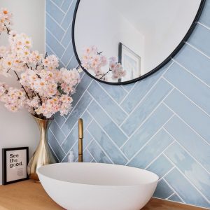 light blue metro tiles wall feature wall bathroom