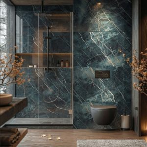 green marble tiles bathroom feature wall