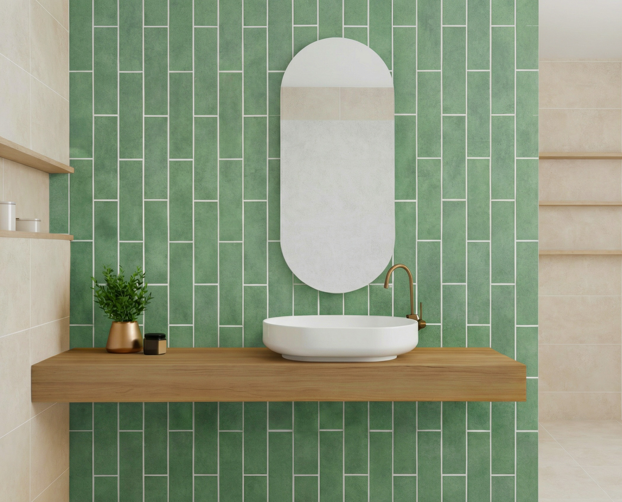 light green metro tiles wall feature wall bathroom