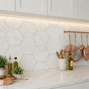 white marble hexagon tiles floor and wall tiles