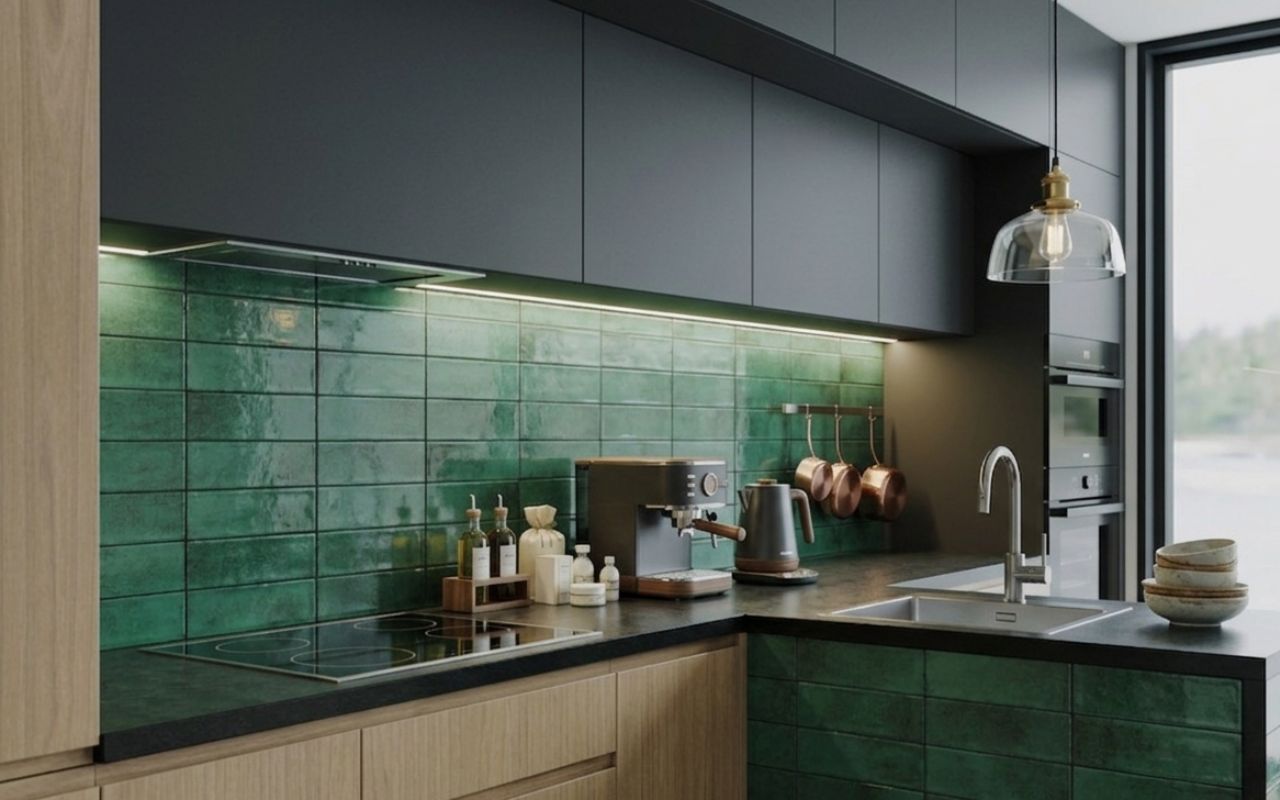 green metro tiles in the kitchen