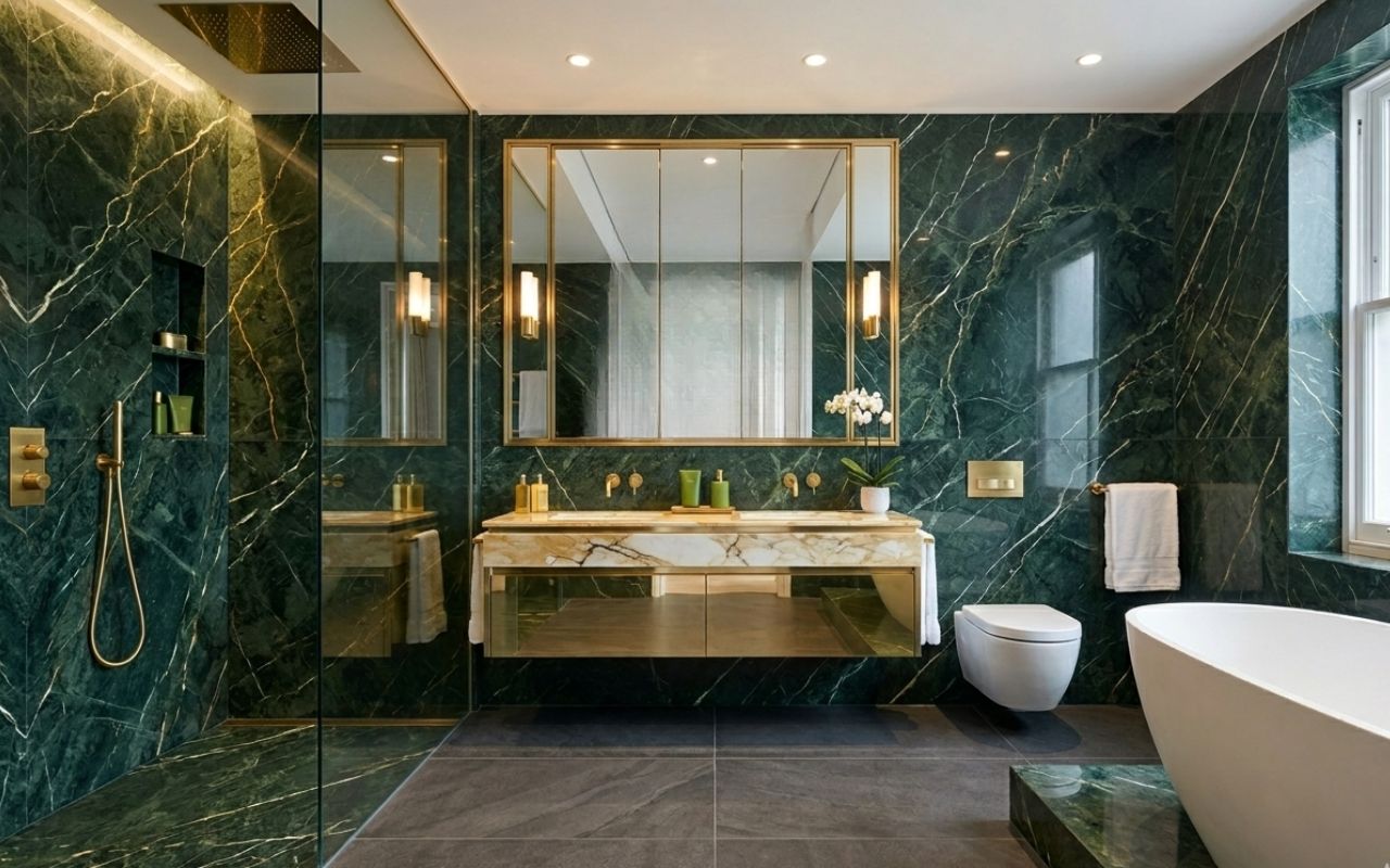 bathroom with green marble tiles