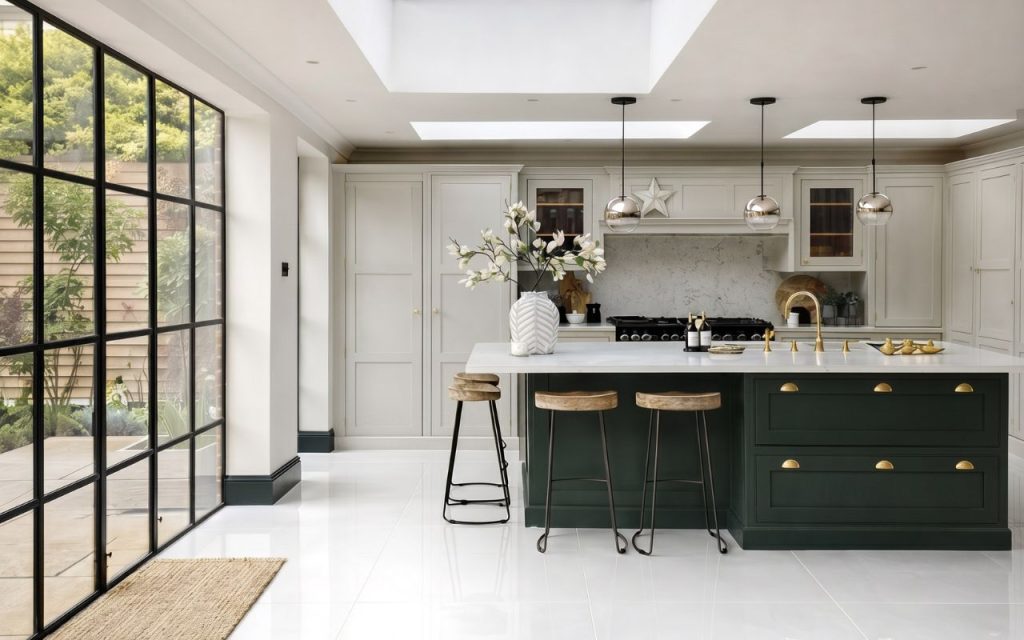 kitchen with white kitchen tiles