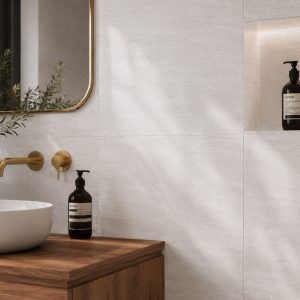 light grey stone effect tiles bathroom wall and floor tiles