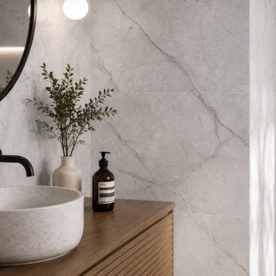 light grey stone effect tiles bathroom wall and floor tiles