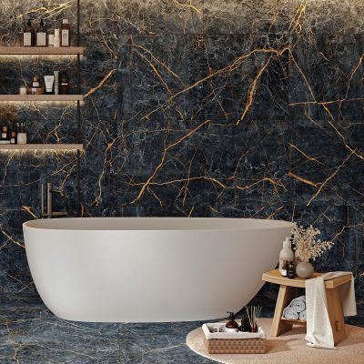 Black Marble effect tiles feature wall bathroom